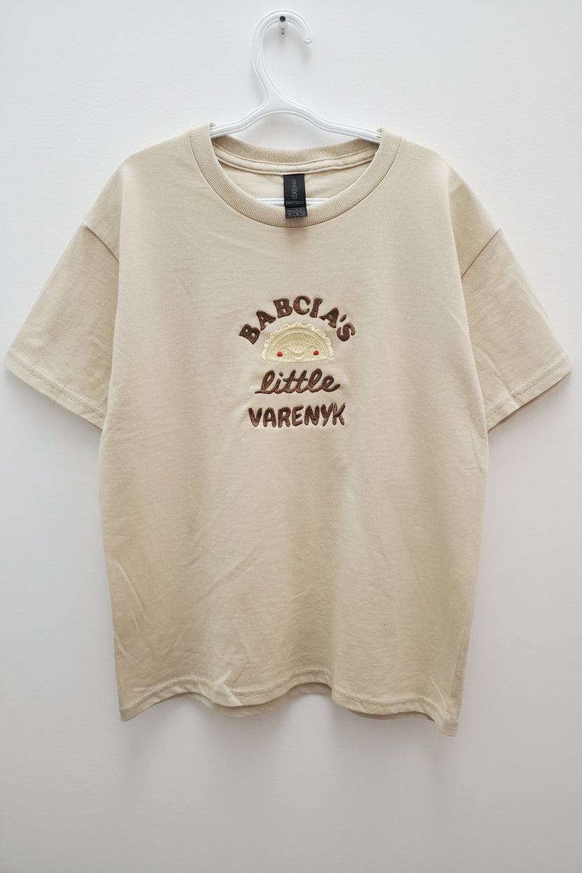 T-shirt kids with embroidery "Babcia's Little Varenyk", size XS, M, L