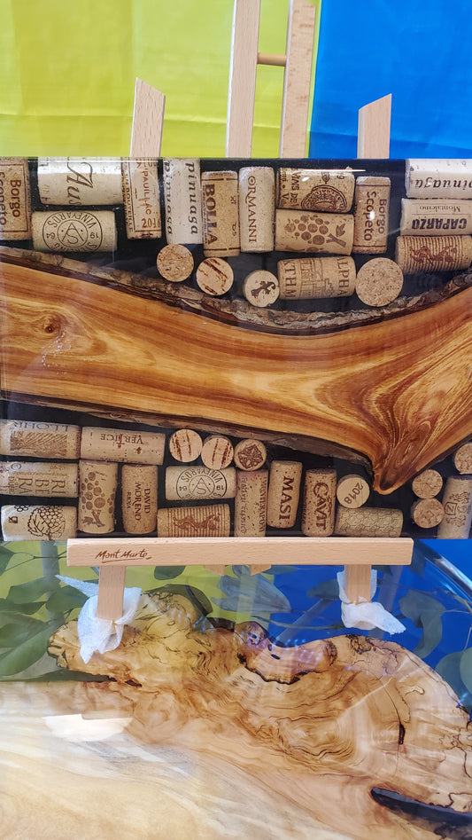 Souvenir board wood/epoxy with wine corks on stand