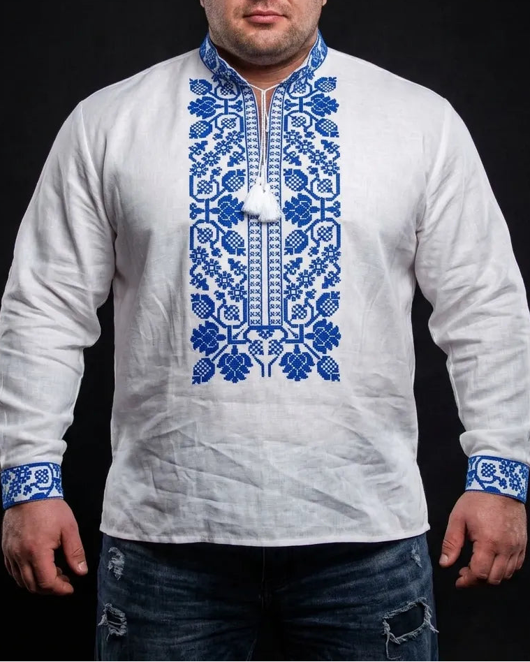 Men's embroidered shirt "Vsevolod" 3XL, 4XL (white with blue)