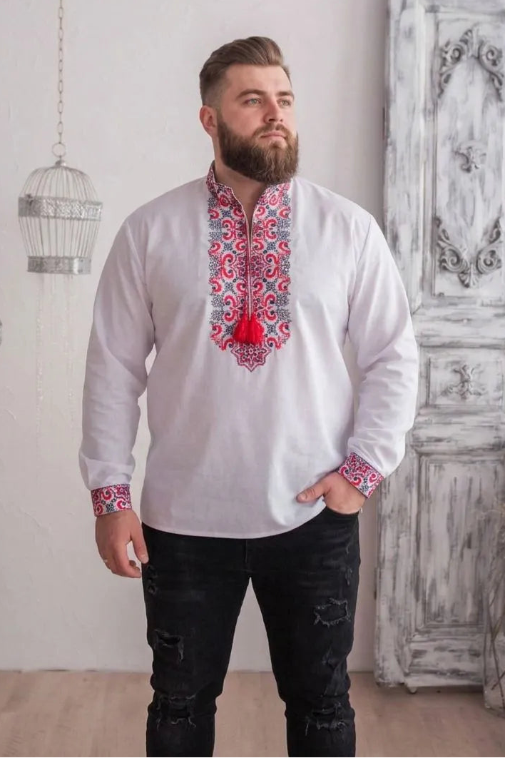 Men's embroidered shirt "Colonel Plus" (white with red)
